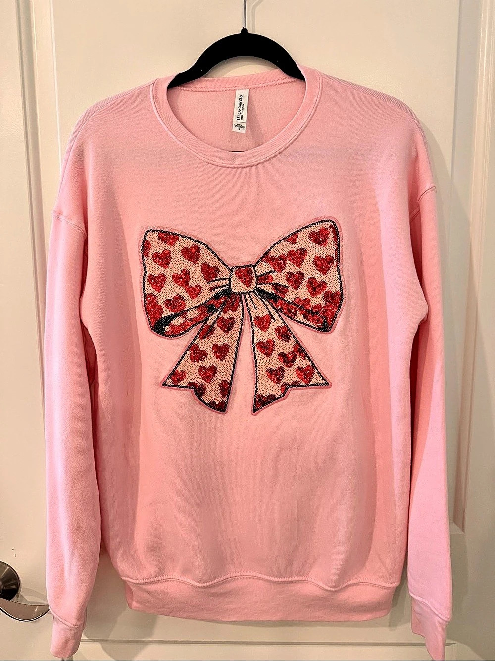 Bella + Canvas Pink Sequin Heart Bow Sweatshirt Valentine Pullover Size S